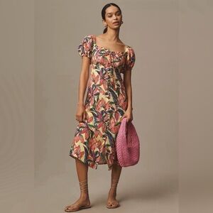 NWT Farm Rio x Anthropologie Puff-Sleeve Sweetheart Linen Midi Dress Medium